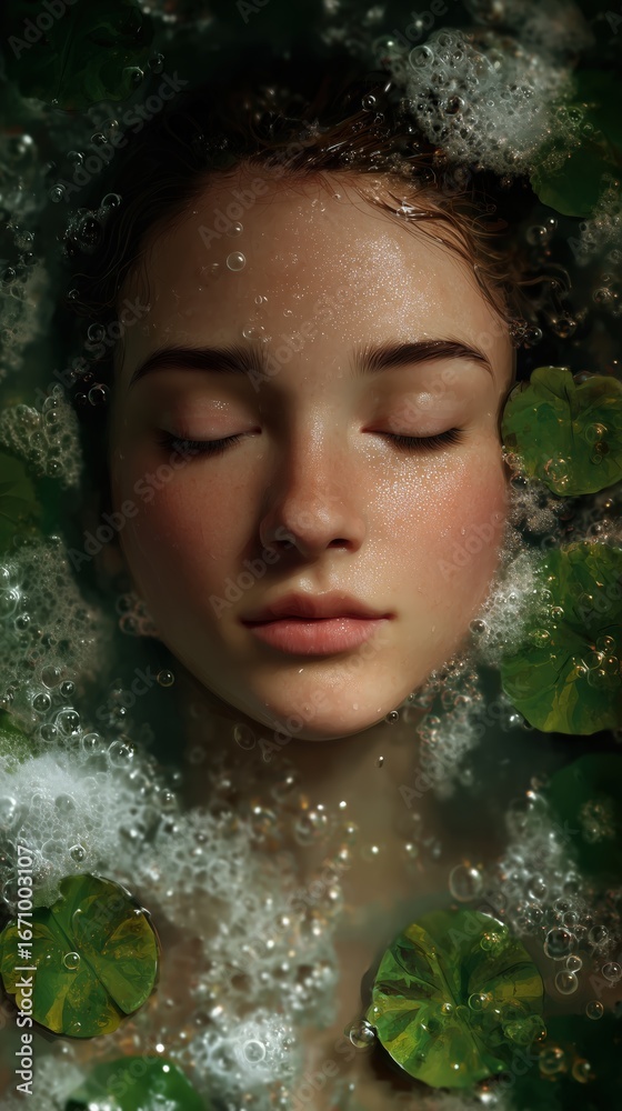 Obraz premium Serene Water Scene with White Bubbles and Green Leaves Floating Peaceful Atmosphere