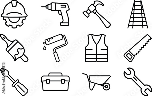 Black outline construction and D I Y tools collection on white background hammer drill