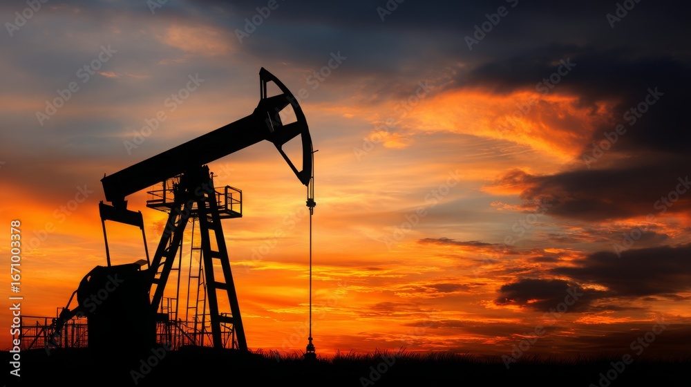 Black pump jack silhouette. Oil and gas industry equipment against sunset sky clouds background Black pump jack silhouette. Oil and gas industry equipment against sunset sky clouds background