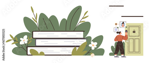 Large books with lush greenery and flowers nearby, person using identification to unlock a secured digital door. Ideal for education, security, technology, privacy, access, learning, conceptual