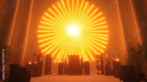 A glowing throne room with radiant light and elegant furnishings.