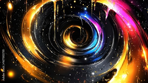 A vibrant swirl of colors and light representing cosmic energy and motion.