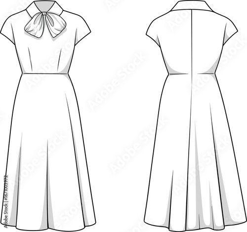 Elegant Flat Fashion Sketch of Cap Sleeve Midi Dress with Waist Seam and Neck Bow – Front and Back Views Vector