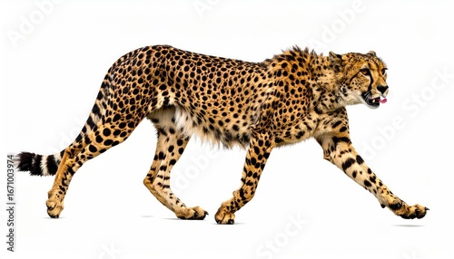 A cheetah strides gracefully across a white background.