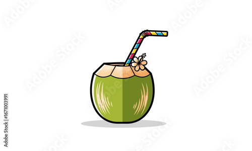 Fresh Green Coconut Drink with Striped Straw and Flower Decoration.