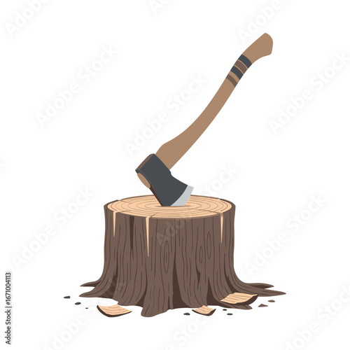 An illustration of an axe embedded firmly into a rough tree stump with wood chips scattered around the base in a cartoonish style