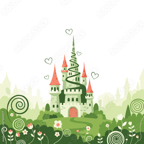 Enchanting fairytale castle amidst a lush verdant landscape filled with blooming flowers and whimsical greenery