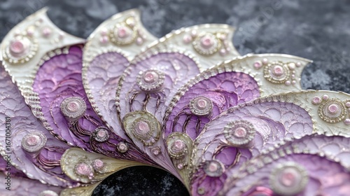 An ornate fan featuring intricate designs in lavender and cream, showcasing craftsmanship.