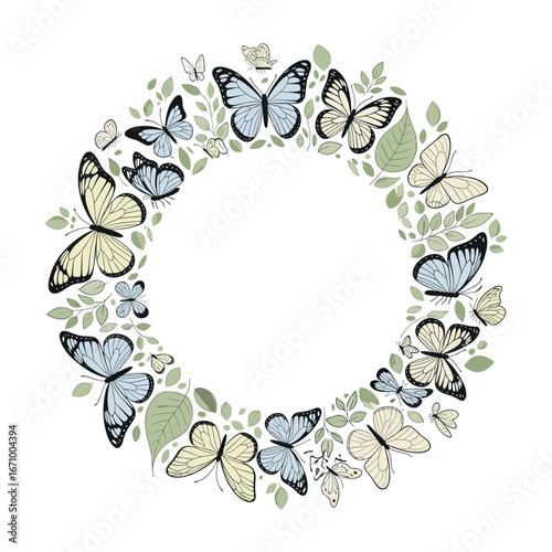 Elegant wreath design featuring a delicate array of butterflies and lush green leaves in soft pastel hues