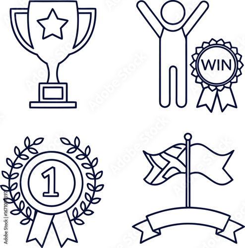 Various line art icons depicting achievement and success including trophy and winning elements shown here