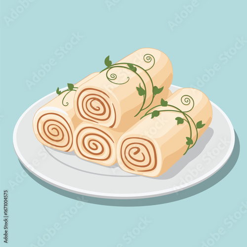 Sweet cinnamon rolls with swirls of creamy frosting and green vine decoration on a white plate