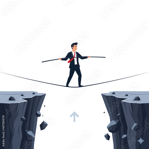 Businessman Balancing on Tightrope: Risk Management & Strategy Concept