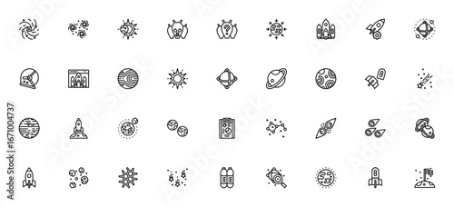 Space icon set. Vector illustration of galaxy, planes, rocket, shuttle, aliens stars, and astronomy symbls. Minimalist design for cience and research.