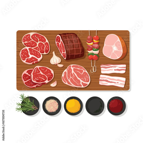 A delicious assortment of fresh meats and seasonings ready for grilling and cooking