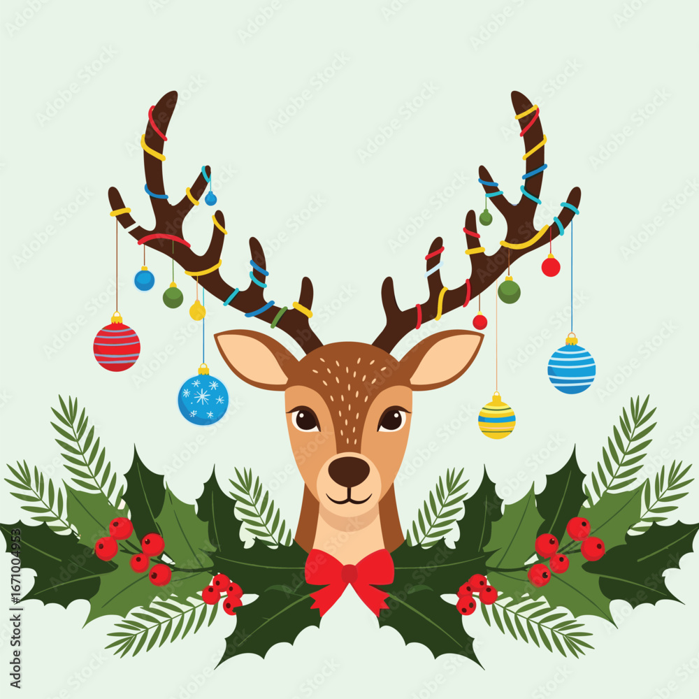 Naklejka premium Festive reindeer adorned with colorful christmas baubles and evergreen foliage creating a cheerful holiday spirit and winter wonderland scene