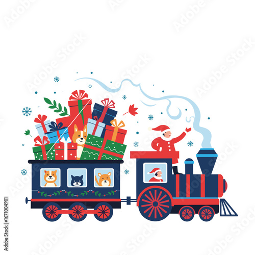 Santa claus delivering holiday presents on a festive christmas train with cute animals enjoying the ride