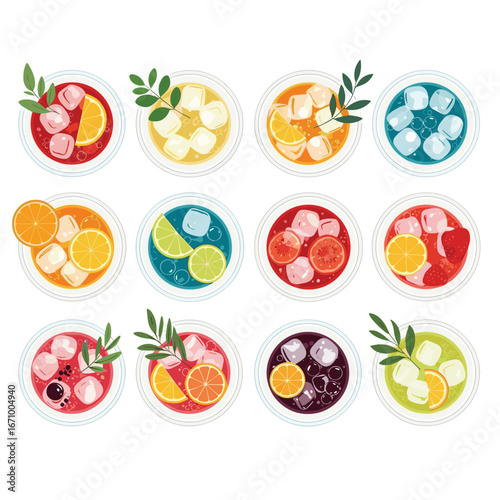 A refreshing collection of twelve colorful fruit infused drinks with ice and garnishes