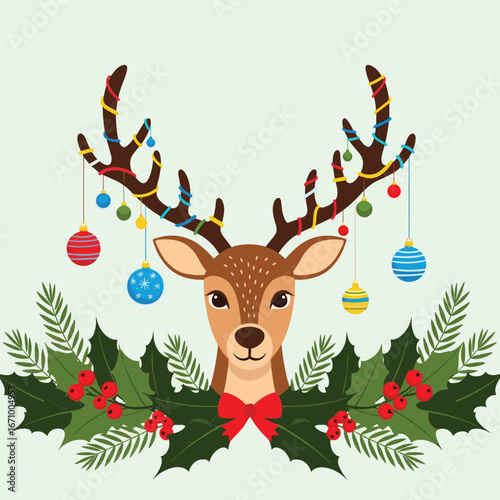 Festive reindeer adorned with colorful christmas baubles and evergreen foliage creating a cheerful holiday spirit and winter wonderland scene