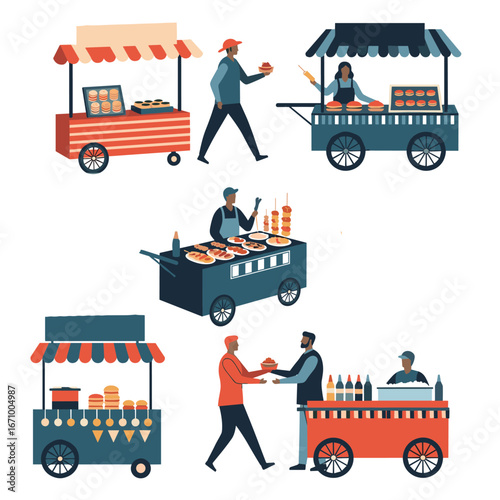 Diverse food vendors serve customers with delicious meals from mobile carts at outdoor markets