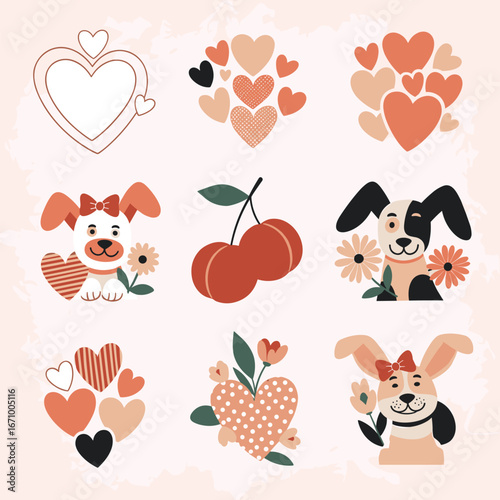 A collection of adorable valentine themed illustrations featuring hearts cute animals and cherries for design projects