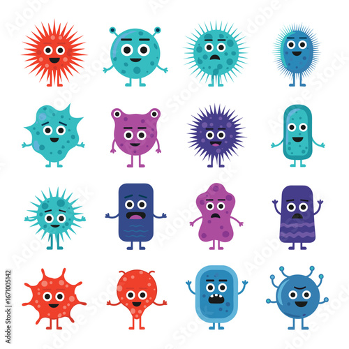 A delightful collection of cute cartoon microbes and microorganisms with expressive faces and various shapes for educational purposes