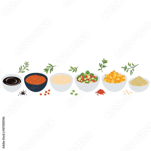 A collection of flavorful sauces dips and seasonings arranged artfully for culinary inspiration