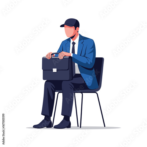 Man in blue suit sitting on chair holding briefcase