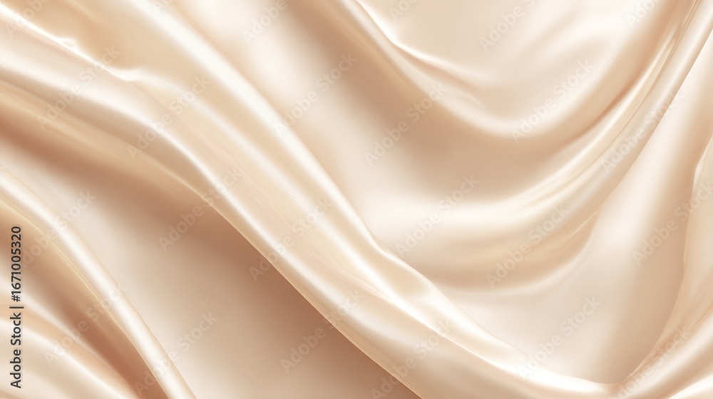 Fototapeta premium Elegant minimal background with soft silk folds in champagne beige tones, glowing highlights and dreamy atmosphere, high-resolution backdrop for advertising and beauty branding