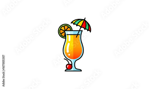 Illustrated Tropical Cocktail with Orange Slice, Cherry, and Umbrella.