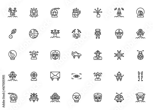 Future Technology icon set. Modern vector illustratins. Includes AI, robotics,drones, space tech, bionic, renewable energy, and moe. Clean line design.