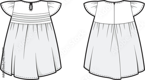 Vector illustration of baby girl dress with flutter sleeves, front and back technical flat sketch for fashion design and garment template.