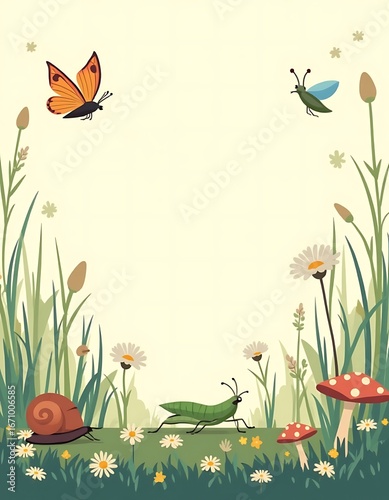 Cartoon Meadow Scene with Insects and Flowers in a Spring Garden