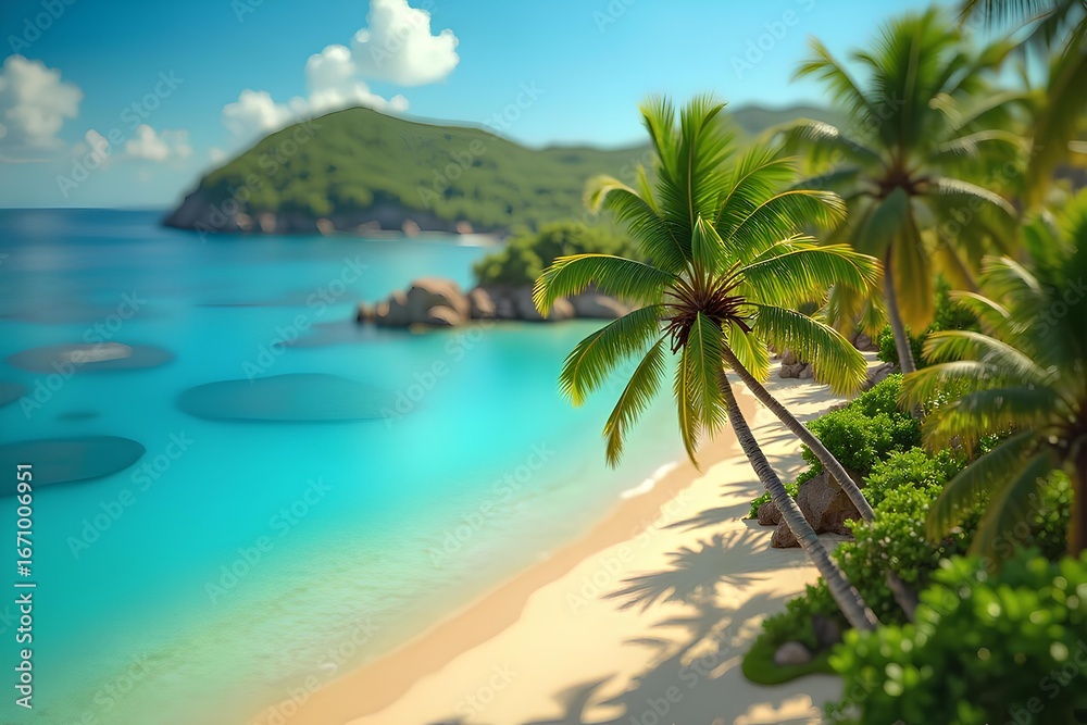 Fototapeta premium Turquoise ocean meets the sandy shore in this tropical paradise with palm trees and lush greenery.