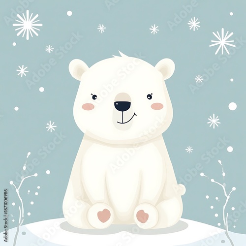 Cute Polar Bear Sitting in Snow with Falling Snowflakes