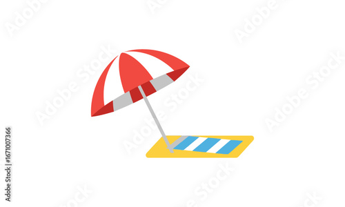 Red and White Striped Beach Umbrella with Matching Mat.