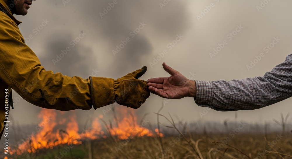 Obraz premium Firefighter and Civilian Hands Reaching Out Amidst Wildfire and Smoke