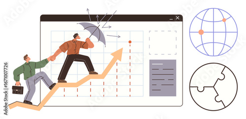 Two individuals collaborating on a rising graph, shielded by an umbrella, symbolizing growth and resilience. Ideal for teamwork, global strategy, risk management, progress, business solutions