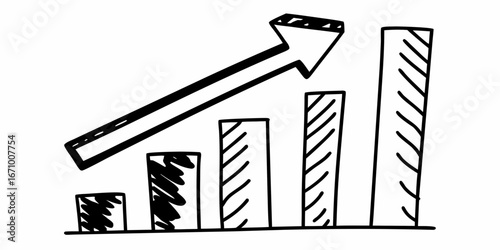 Hand drawn illustration of a bar graph with an arrow pointing upwards indicating growth and success