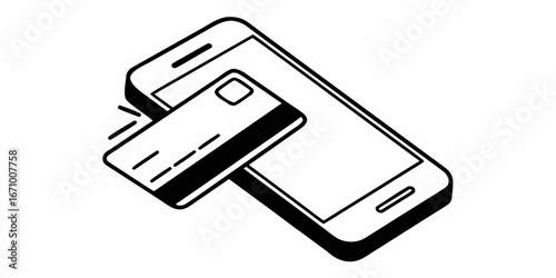 Isometric view of a smartphone with a credit card hovering to the left, suggesting a contactless payment