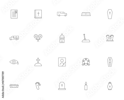 Funeral icon set. Vector symbols collection. Include last will, Bible book, cofin, church, tombstone, cadle, cremation, flowers an more. Editable stroke.