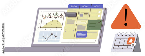 Open laptop displaying workflow tracking board with timeline and tasks, performance charts, alert icon, and a calendar reminder. Ideal for organization, productivity, planning, deadlines, teamwork