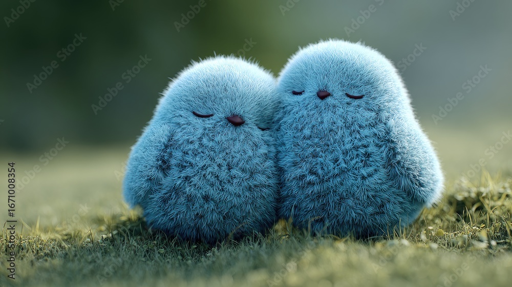 Fototapeta premium Two fluffy, light-blue creatures sit close together on a grassy ground. Peaceful, dreamy, and soft