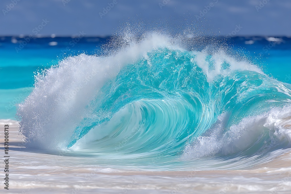 Fototapeta premium Turquoise Ocean Wave Crashing on Sandy Beach with Tropical Summer Paradise, and Clear Water.