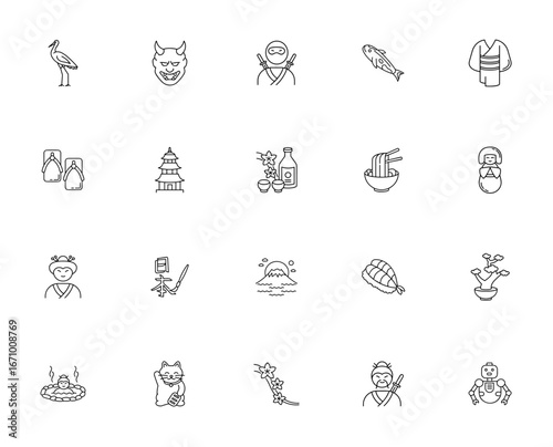Japan icon set. Japanese culture vector collection. ncludes crane, hannya, nina, koi fish, kimono, pagod, sushi, sakura, samurai, obot and more. Editable ilustration.