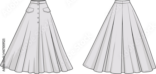 Fashion flat sketch of flared button-down midi skirt with flap pockets, front and back technical drawing for design template.