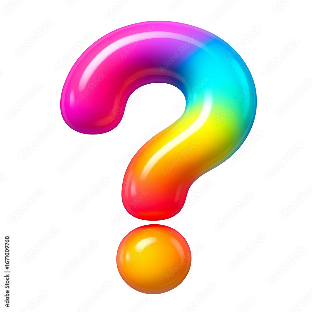 Naklejka premium A glossy rainbow colored question mark symbol with a shiny spherical dot