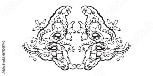 Symmetrical black ink illustration of two ornate fierce mythological creatures facing each other.