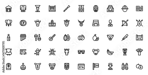 South Africa icon set. Vector illustration. Includessymbols for safari, wildlie, culture, landmarks likeelephant, lion, baobab, vuuzela, and more. Editable troke.