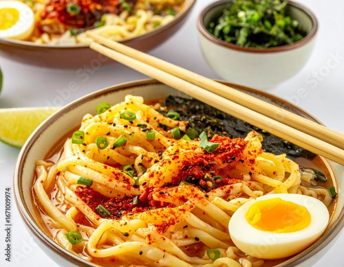 Korean Ramyon Dish, Korean version of instant noodles, a fast, spicy, and popular comfort food known for its curly dried noodles, freeze-dried vegetables, and powdered soup base with White Background