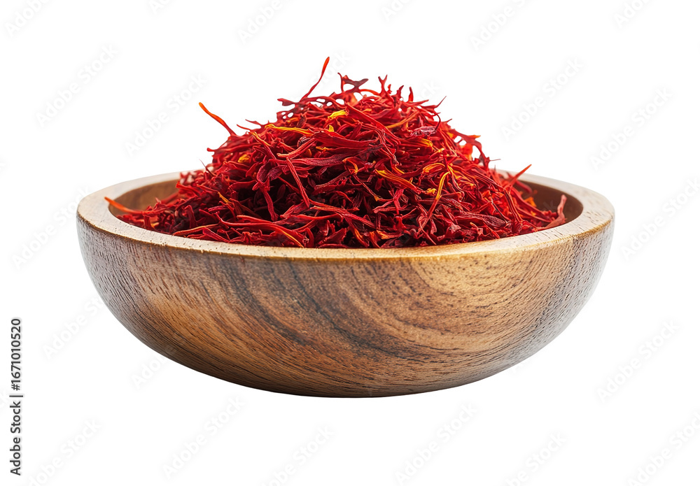 Fototapeta premium saffron thread in the wooden plate, isolated on the white background.